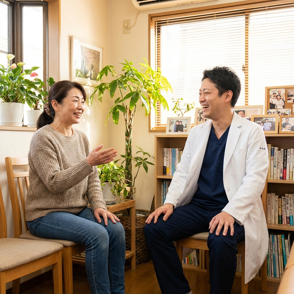 温かい雰囲気の院内で談笑する患者様と院長